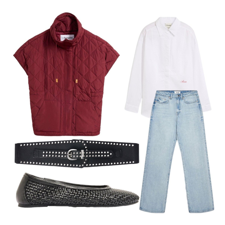 Outfit donna - Settembre. Stile Basic per Serata fuori. Abbinamento con ballerine, camicie, piumini, cinture, jeans dritti.