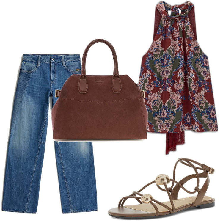 Outfit mujer - Bohemian. Estilo Boho para Todos los días. Combinación con sandalias de piel, vaqueros, bolsos de mano, top.
