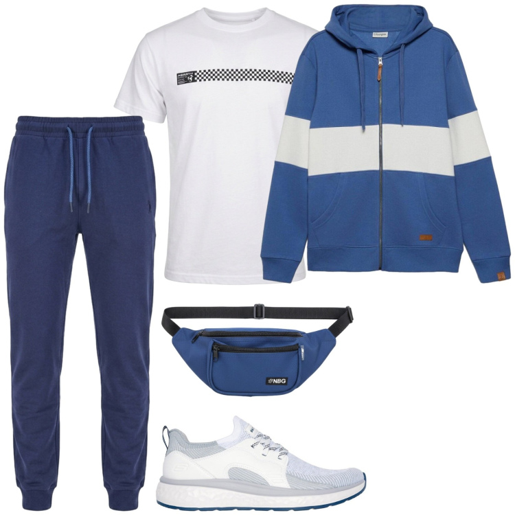 Outfit uomo - Total look #2466887. Stile Trendy per Sport. Abbinamento con felpe con cappuccio, borse sportive, t-shirt, pantaloni, sneakers.