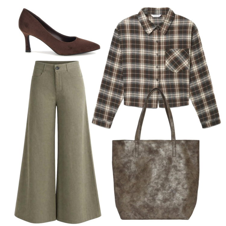 Outfit donna - Palette autunnale. Stile Urban per Ufficio. Abbinamento con shopping bag, camicie, pantaloni a palazzo, décolleté.