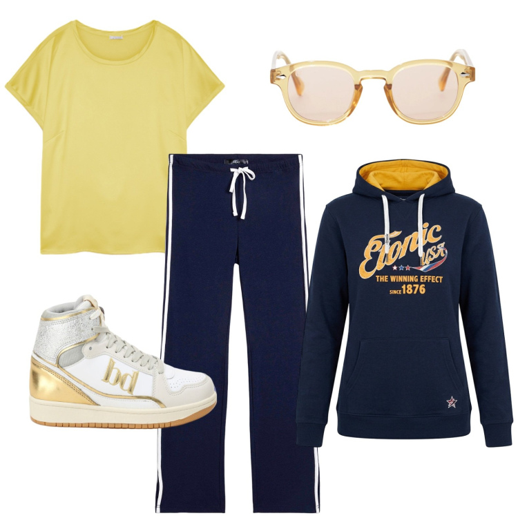 Outfit donna - Lezione in palestra. Stile Casual per Tutti i giorni. Abbinamento con pantaloni sportivi, occhiali da sole, sneakers alte, t-shirt, felpe con cappuccio.