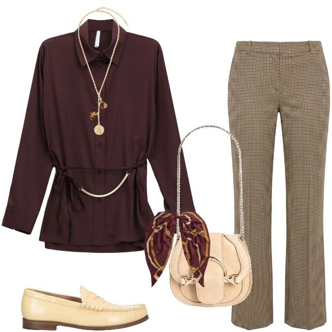 Outfit donna - Rientro smart casual. Stile Casual per Ufficio. Abbinamento con marsupi, mocassini, pantaloni, camicie, collane, foulard.