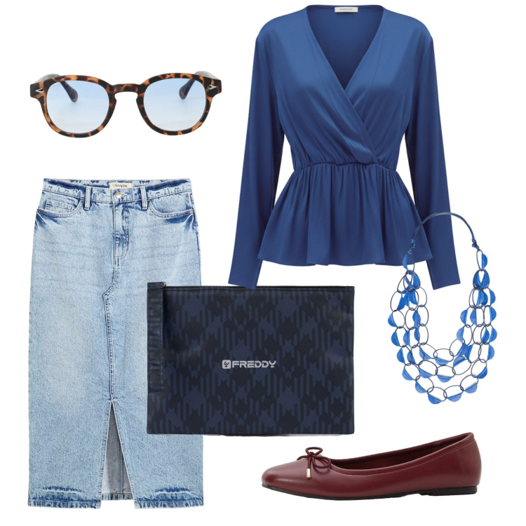 Outfit donna - Gonna di jeans con le ballerine. Stile Bon Ton per Ufficio. Abbinamento con gonne longuette, ballerine, occhiali da sole, bluse, clutch, collane.