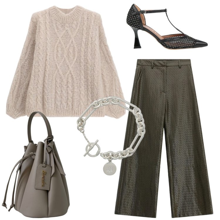 Outfit donna - Pullover morbido e T-bar. Stile Chic per Serata fuori. Abbinamento con décolleté, pantaloni a palazzo, maglieria, borse a secchiello, braccialetti.