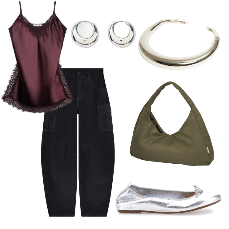 Outfit donna - Aperitivo Glamour. Stile Chic per Serata fuori. Abbinamento con orecchini, top, pantaloni cargo, borse a spalla, collane, ballerine.