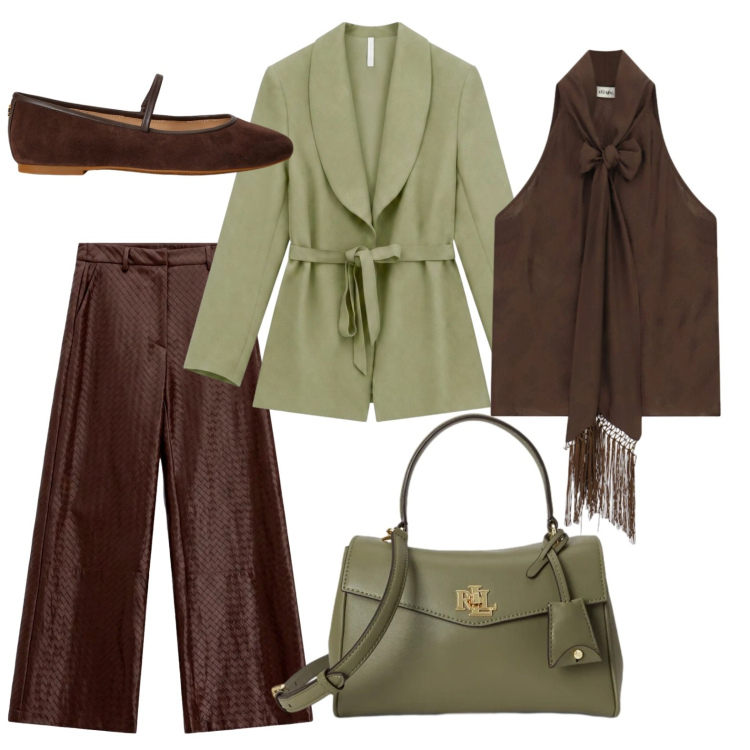 Outfit donna - Al concerto si musica classica. Stile Bon Ton per Serata fuori. Abbinamento con blazer, pantaloni a palazzo, top, borse a mano, ballerine.