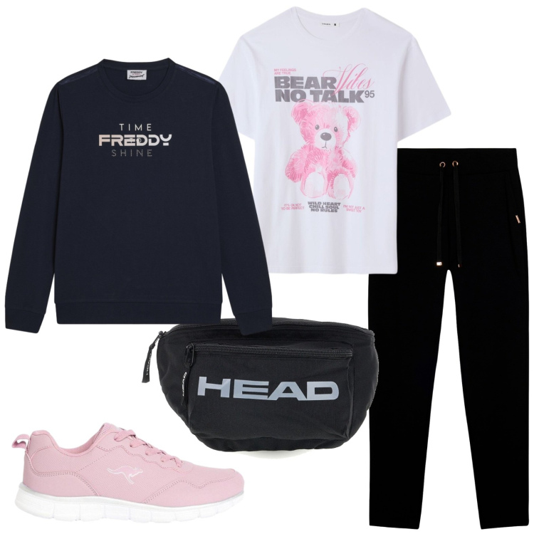 Outfit donna - Corsa al parco. Stile Casual per Sport. Abbinamento con sneakers, t-shirt, pantaloni, felpe, marsupi.