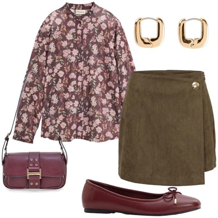 Outfit donna - Verde e borgogna. Stile Chic per Ufficio. Abbinamento con ballerine, orecchini, bluse, minigonne, borse a tracolla.