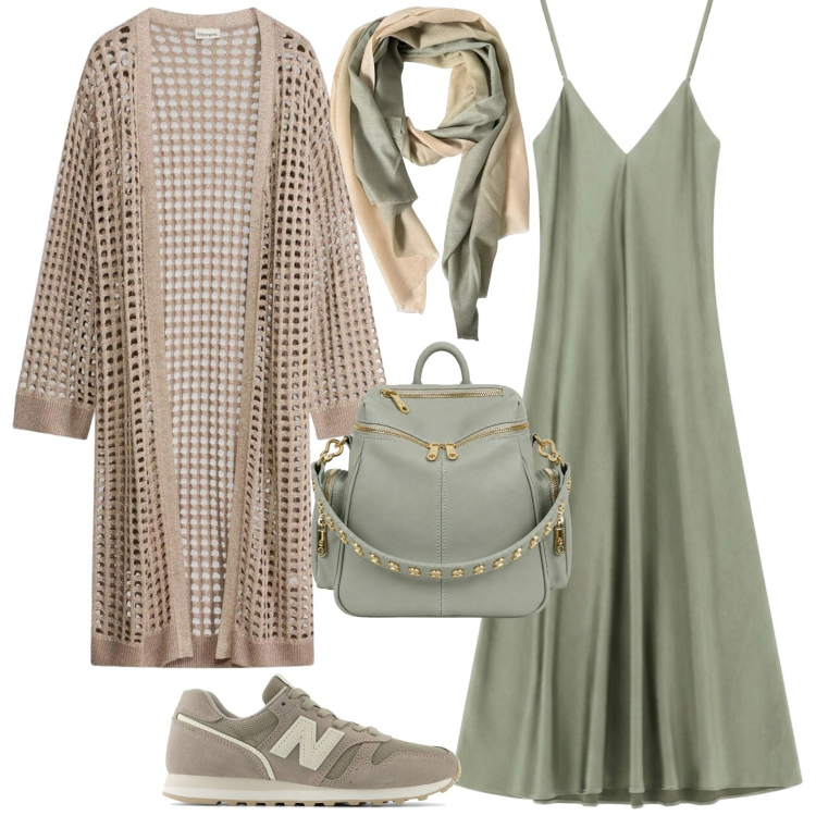Outfit donna - Casual chic ufficio tempo libero. Stile Casual chic per Tutti i giorni. Abbinamento con cardigans, vestiti lunghi, zaini, foulard, sneakers.