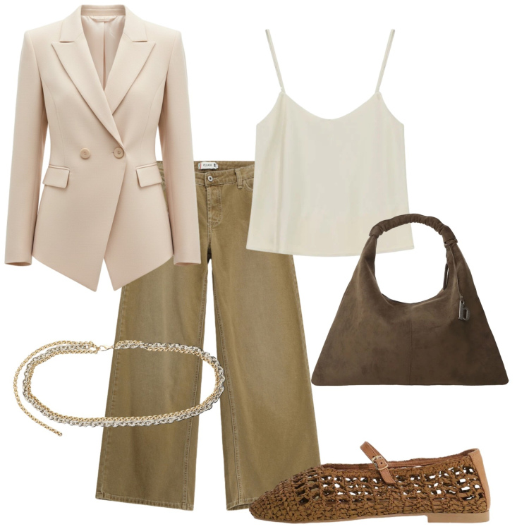 Outfit donna - Total look #2466942. Stile Chic per Ufficio. Abbinamento con top, pantaloni a palazzo, borse a spalla, ballerine, cinture, blazer.