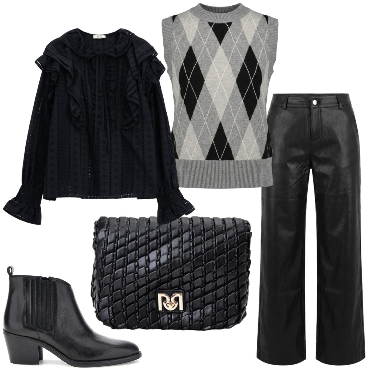 Outfit donna - Il gilet a rombi. Stile Casual per Ufficio. Abbinamento con bluse, borse a tracolla, maglieria, pantaloni a palazzo, stivaletti texani.