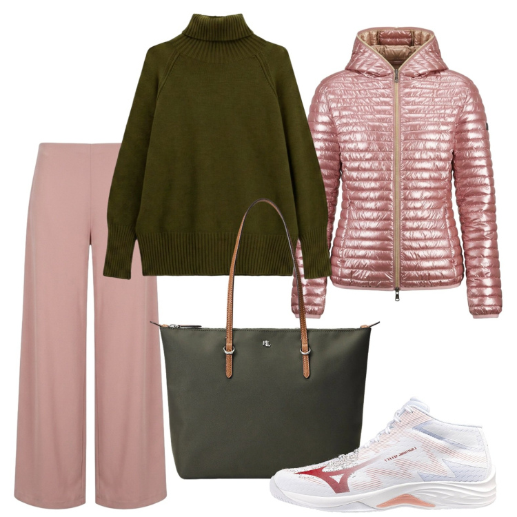 Outfit donna - Il piumino lucido. Stile Basic per Tutti i giorni. Abbinamento con pullovers, piumini, pantaloni a palazzo, borse tote, sneakers.
