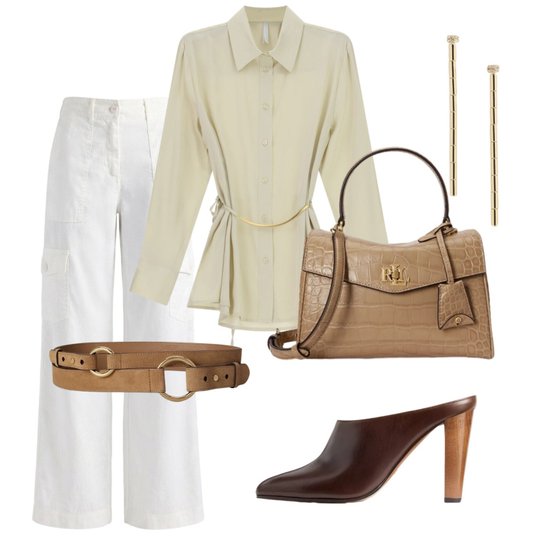 Outfit donna - Total look #2466949. Stile Casual chic per Ufficio. Abbinamento con pantaloni cargo, camicie, orecchini, borse a mano, cinture, sabot.