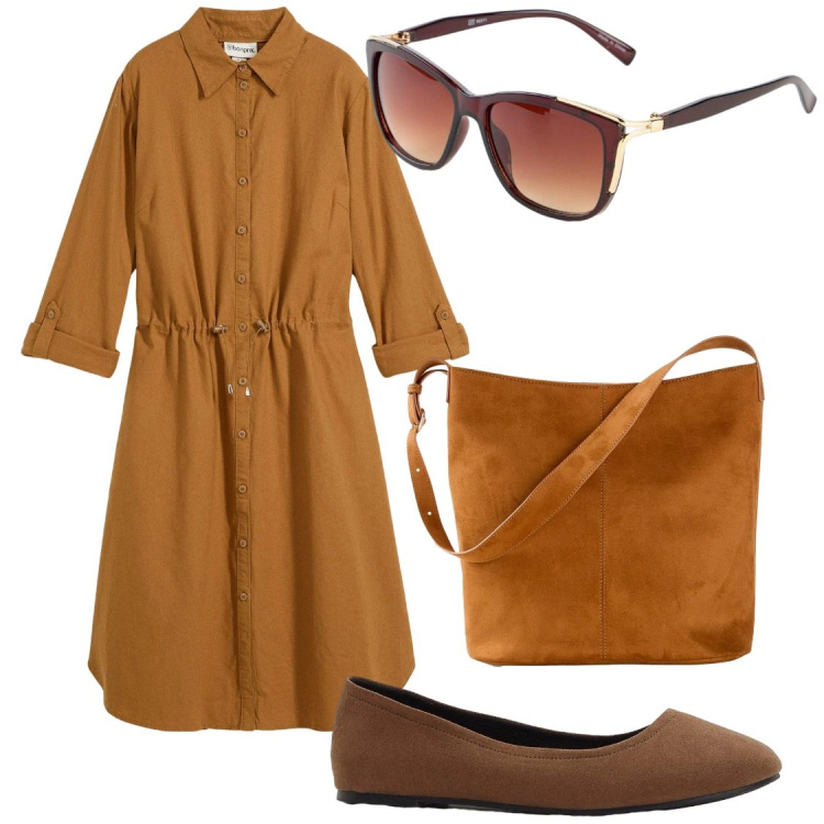 Outfit donna - Settembre. Stile Chic per Ufficio. Abbinamento con vestiti chemisier, ballerine, borse a mano, occhiali da sole.