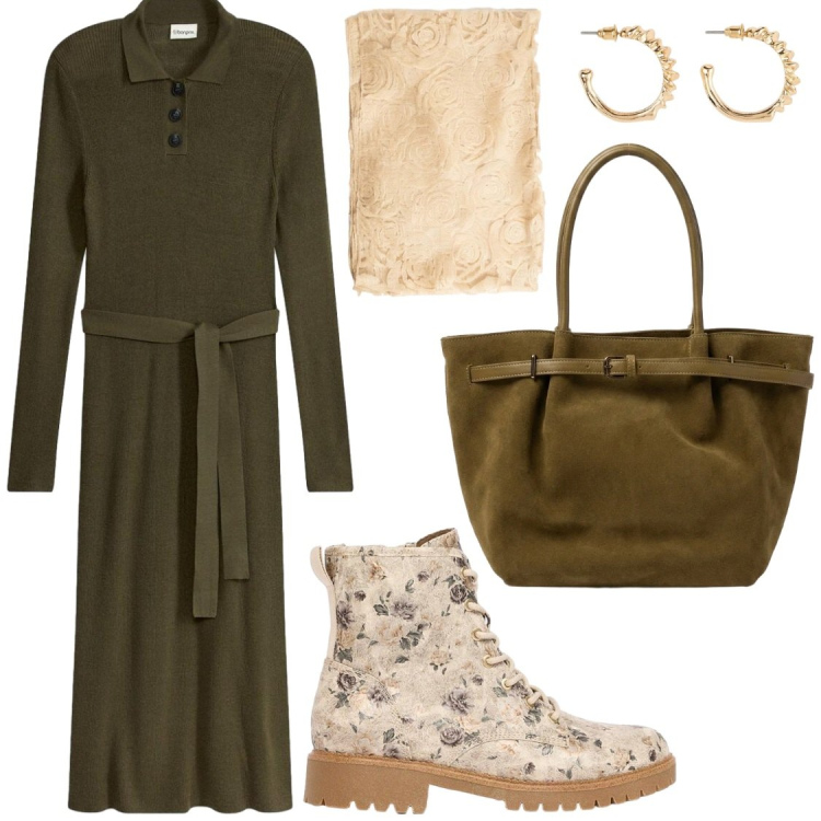 Outfit donna - Verde autunno. Stile Chic per Ufficio. Abbinamento con vestiti midi/longuette, orecchini, anfibi, stole, borse a spalla.