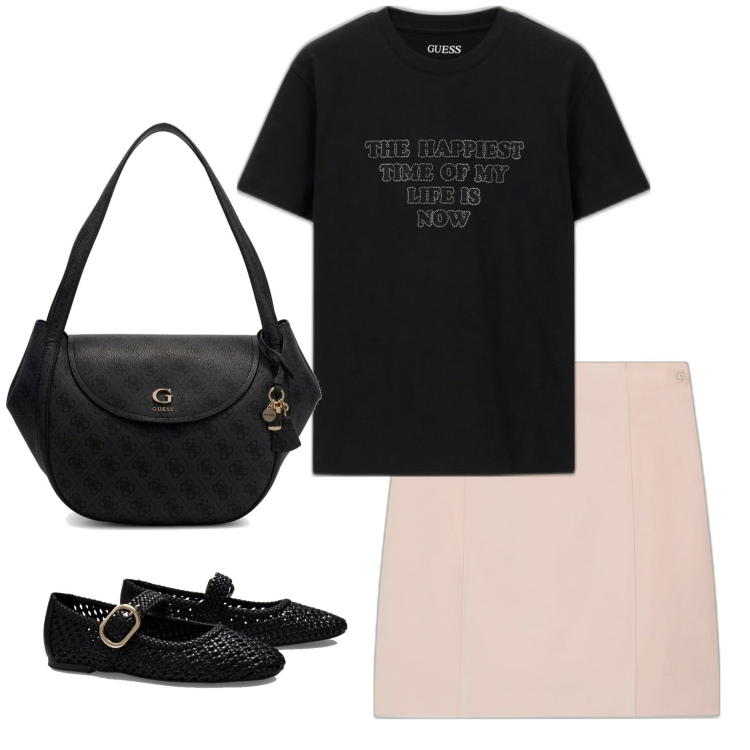 Outfit mujer - Urban style. Estilo Urban para Todos los días. Combinación con bailarinas, minifaldas, bolsos de hombro, camiseta.