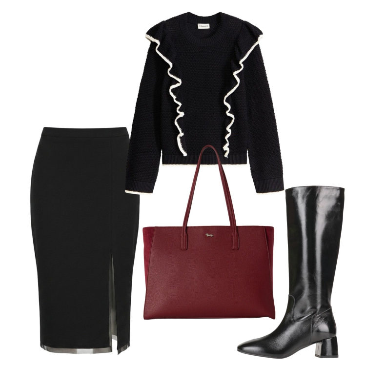 Outfit donna - Dall\'ufficio all\'aperitivo. Stile Basic per Tutti i giorni. Abbinamento con stivali, maglieria, shopping bag, gonne longuette.
