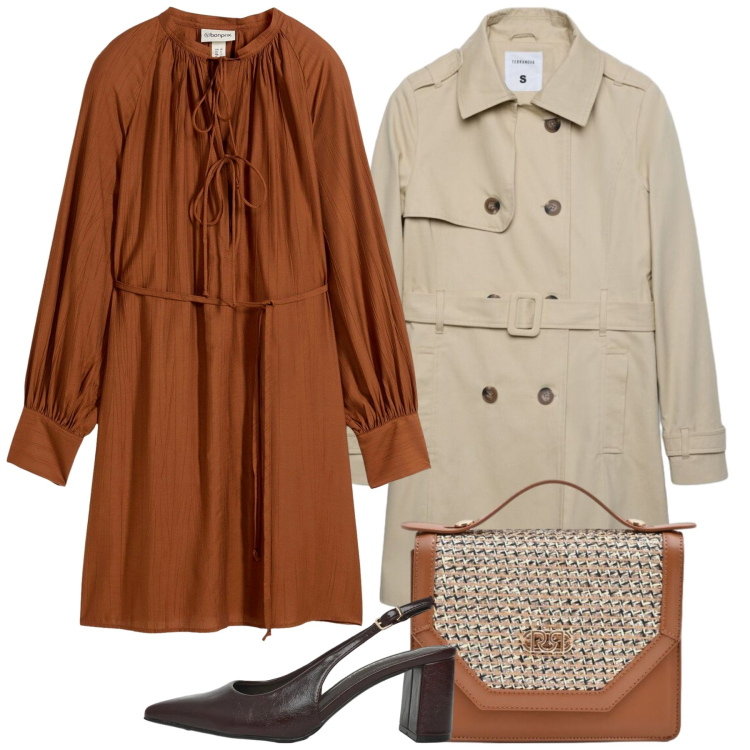 Outfit donna - Eleganza per il rientro - Focus Donna Cu. Stile Bon Ton per Ufficio. Abbinamento con vestiti, trench, décolleté, pochette.