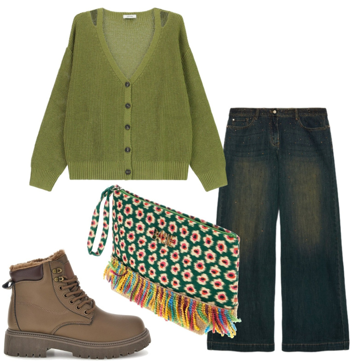 Outfit donna - La pochette con le frange. Stile Basic per Tutti i giorni. Abbinamento con cardigans, jeans, pochette, anfibi.