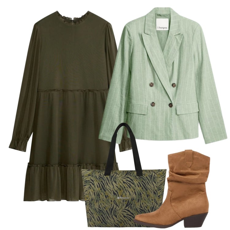 Outfit donna - Total look #2466972. Stile Bon Ton per Tutti i giorni. Abbinamento con vestiti, blazer, stivaletti texani, shopping bag.