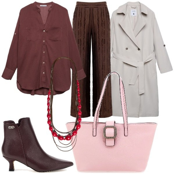 Outfit donna - Fall Collections. Stile Casual chic per Tutti i giorni. Abbinamento con camicie, trench, pantaloni a palazzo, collane, borse a spalla, stivaletti.