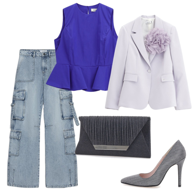 Outfit donna - Serata con le amiche di sempre. Stile Glamour per Serata fuori. Abbinamento con top, jeans, blazer, pochette, décolleté.
