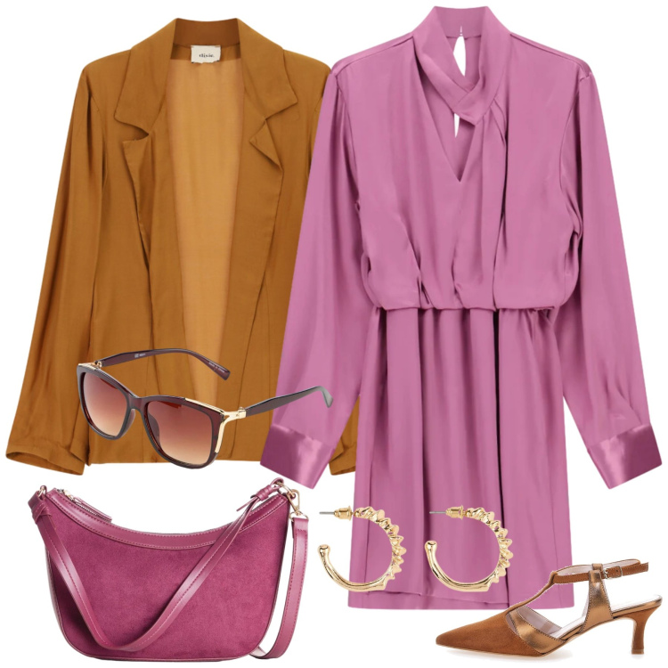 Outfit donna - Pranzo in città. Stile Chic per Tutti i giorni. Abbinamento con occhiali da sole, borse a tracolla, orecchini, vestiti asimmetrici, blazer, décolleté.