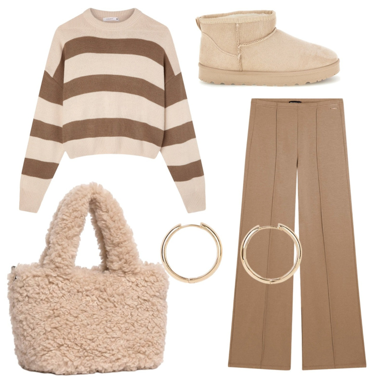 Outfit donna - Toni naturali. Stile Basic per Ufficio. Abbinamento con orecchini, maglieria, pantaloni, borse a mano, stivaletti.