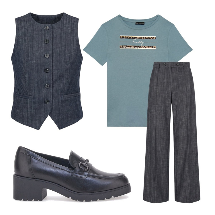 Outfit donna - A lavoro. Stile Mannish per Ufficio. Abbinamento con t-shirt, gilet, jeans, mocassini.