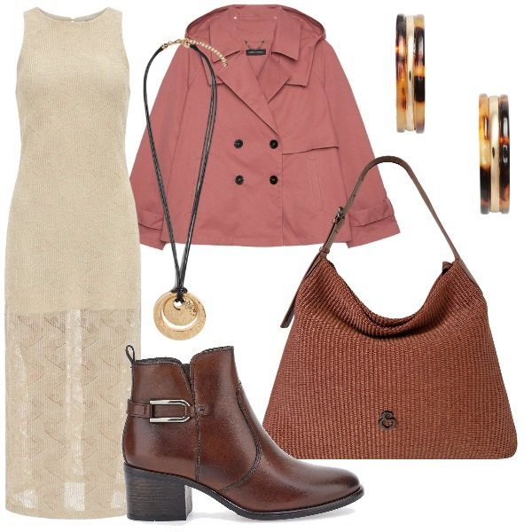 Outfit donna - l\'inizio di una nuova stagione. Stile Casual chic per Serata fuori. Abbinamento con vestiti midi/longuette, trench, ciondoli, borse a spalla, orecchini, stivaletti.