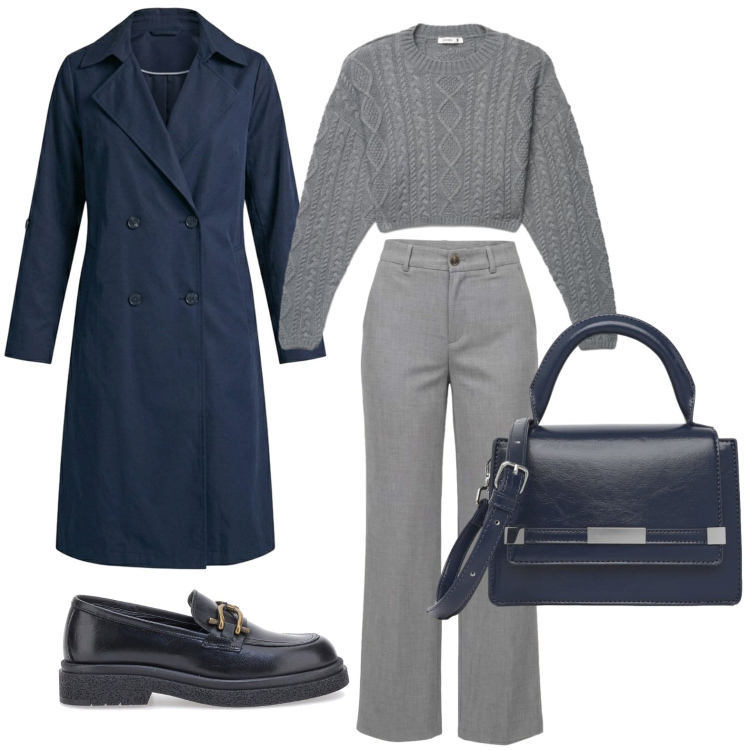 Outfit donna - Trench e mocassini. Stile Urban per Ufficio. Abbinamento con borse a tracolla, trench, maglieria, pantaloni, mocassini.