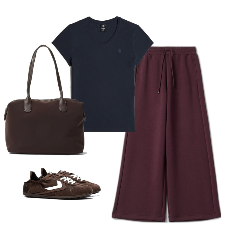 Outfit mujer - Basic look. Estilo Basic para Todos los días. Combinación con sneakers, top, bolsos de mano, pantalones.