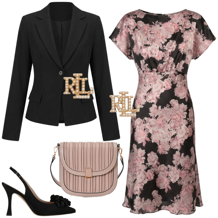 Outfit donna - Cena con le amiche. Stile Chic per Serata fuori. Abbinamento con décolleté, borse a tracolla, vestiti midi/longuette, blazer, orecchini.