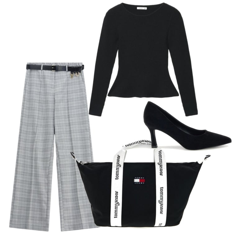 Outfit donna - Il pantalone principe di galles. Stile Casual chic per Ufficio. Abbinamento con pantaloni a palazzo, maglieria, shopping bag, décolleté.