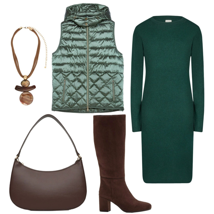 Outfit donna - Abito in maglia e gilet trapuntato. Stile Urban per Ufficio. Abbinamento con stivali, vestiti midi/longuette, borse a tracolla, piumini, ciondoli.