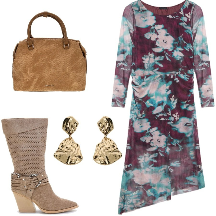Outfit donna - Total look #2467005. Stile Casual chic per Serata fuori. Abbinamento con orecchini, vestiti lunghi, stivaletti texani, borse a tracolla.