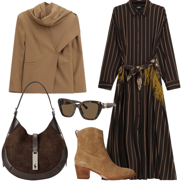 Outfit donna - Tempo libero. Stile Boho per Tutti i giorni. Abbinamento con vestiti lunghi, blazer, occhiali da sole, borse a spalla, stivaletti.