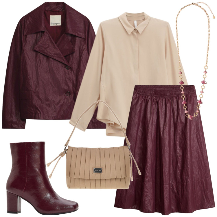 Outfit donna - In pelle. Stile Casual chic per Tutti i giorni. Abbinamento con stivaletti, gonne, blazer, camicie, collane, pochette.