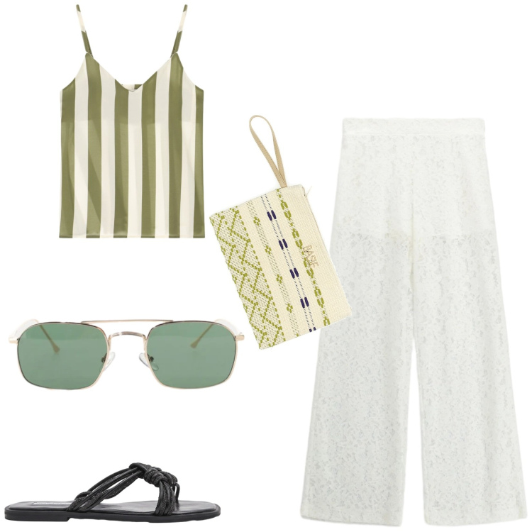 Outfit donna - Total look #2467020. Stile Casual chic per Tutti i giorni. Abbinamento con pantaloni a palazzo, occhiali da sole, top, sandali, pochette.