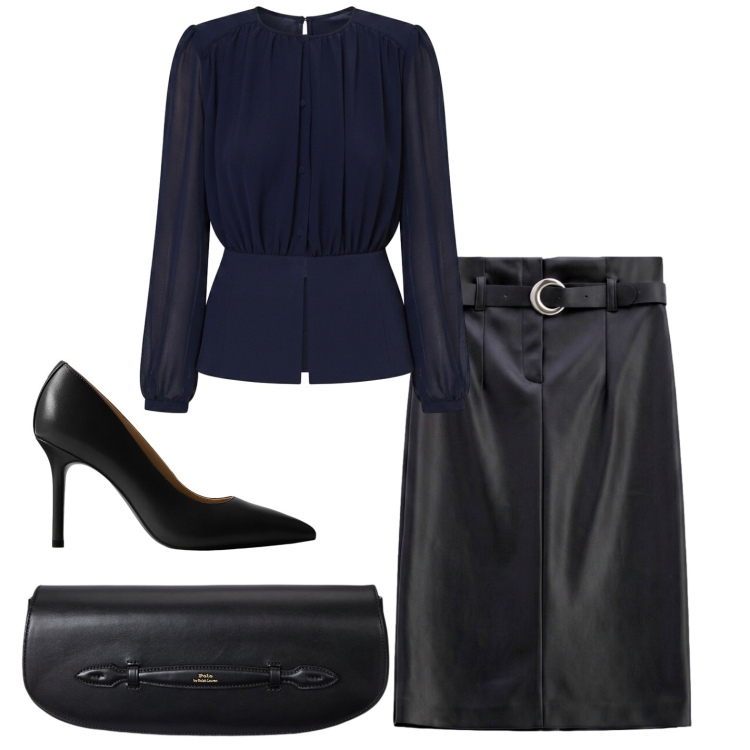 Outfit donna - Blu notte e nero. Stile Glamour per Serata fuori. Abbinamento con gonne longuette, camicie, clutch, décolleté.