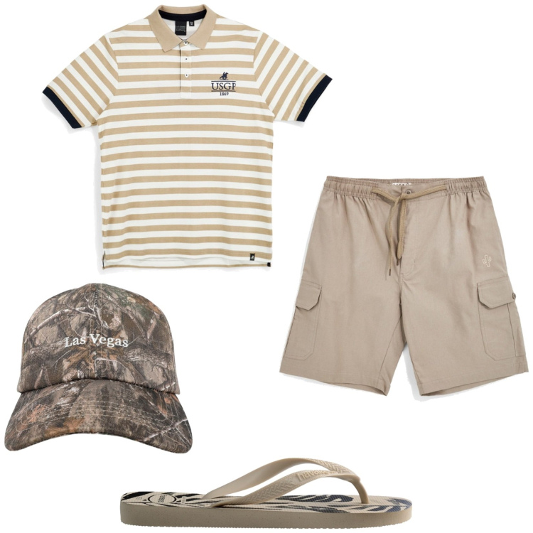 Outfit uomo - Total look #2467030. Stile Casual per Tutti i giorni. Abbinamento con cappelli con visiera, sandali, bermuda, polo.