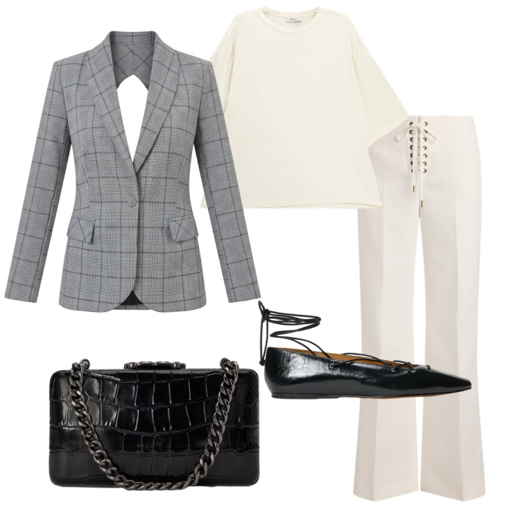 Outfit donna - Stile contemporaneo. Stile Trendy per Ufficio. Abbinamento con t-shirt, blazer, ballerine, pantaloni, clutch.