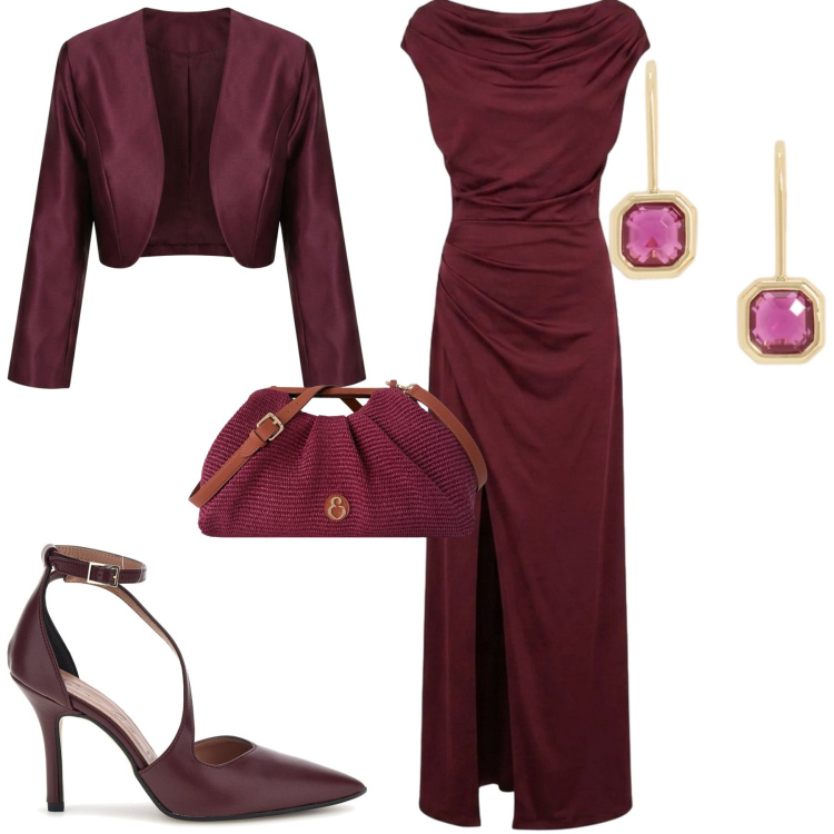 Outfit donna - Serata importante. Stile Chic per Cerimonia. Abbinamento con blazer, clutch, vestiti, orecchini, décolleté.
