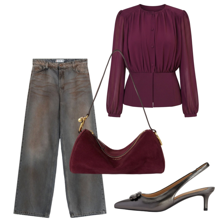 Outfit donna - Contrasti. Stile Glamour per Serata fuori. Abbinamento con bluse, jeans dritti, borse a spalla, décolleté.