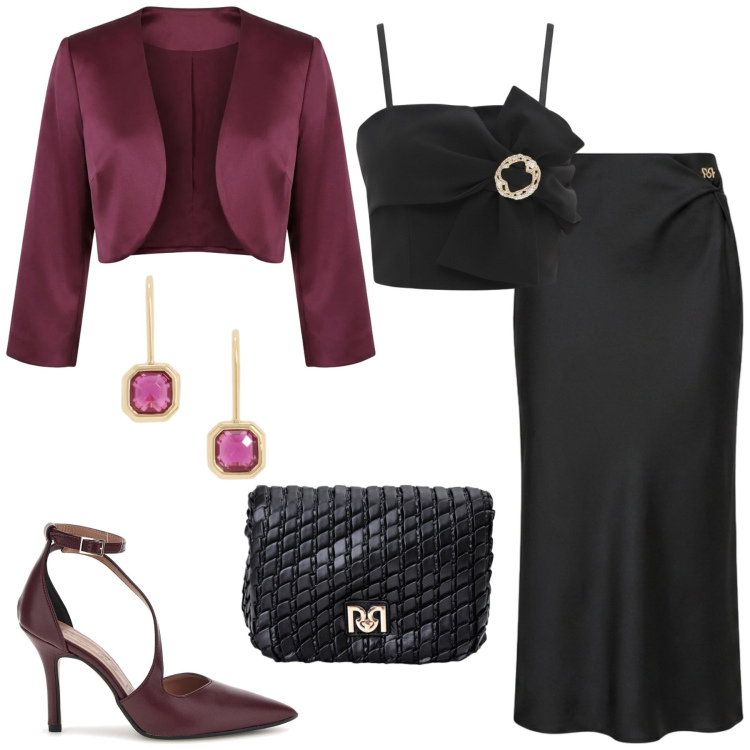 Outfit donna - Cerimonia. Stile Chic per Cerimonia. Abbinamento con gonne longuette, top, bolero, borse a tracolla, orecchini, décolleté.
