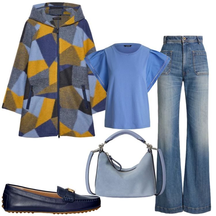 Outfit donna - Total look #2467051. Stile Casual chic per Ufficio. Abbinamento con top, cappotti, jeans bootcut, borse a spalla, mocassini.