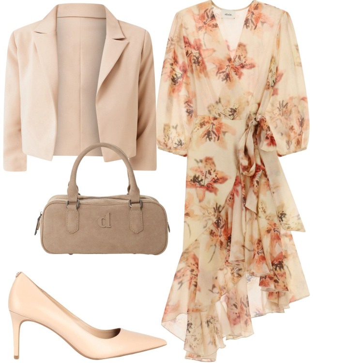 Outfit donna - Settembre. Stile Romantica per Tutti i giorni. Abbinamento con décolleté, vestiti midi/longuette, borse a mano, blazer.