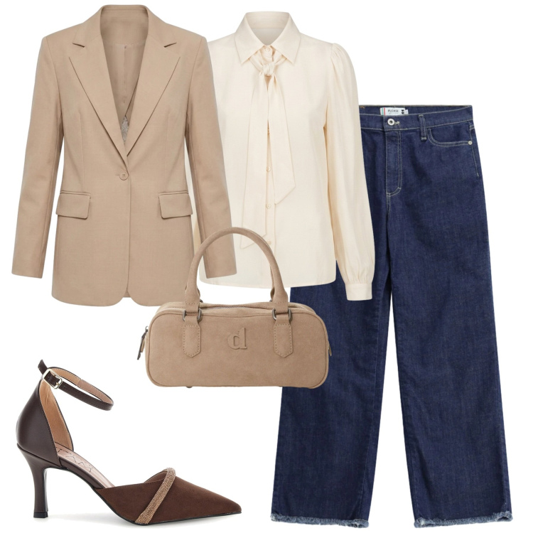 Outfit donna - City. Stile Casual chic per Tutti i giorni. Abbinamento con borse a mano, blazer, jeans dritti, camicie, décolleté.