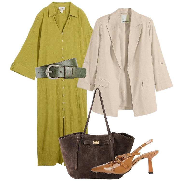 Outfit donna - Toni autunnali. Stile Bon Ton per Ufficio. Abbinamento con décolleté, blazer, caftani, shopping bag, cinture.