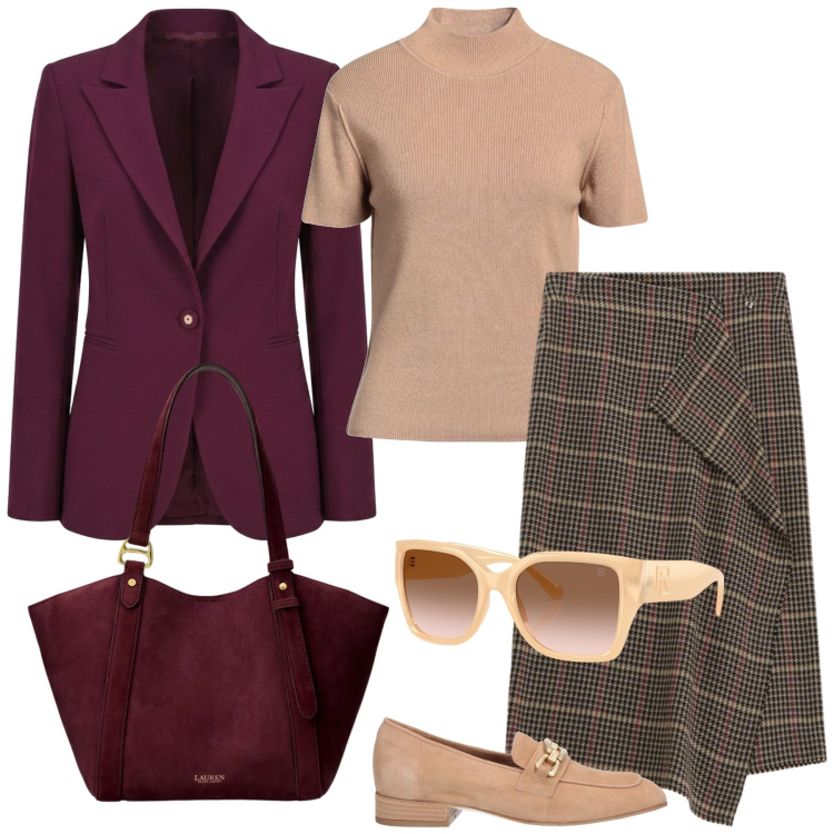 Outfit donna - Ufficio. Stile Preppy per Ufficio. Abbinamento con mocassini, maglieria, gonne longuette, blazer, occhiali da sole, borse tote.